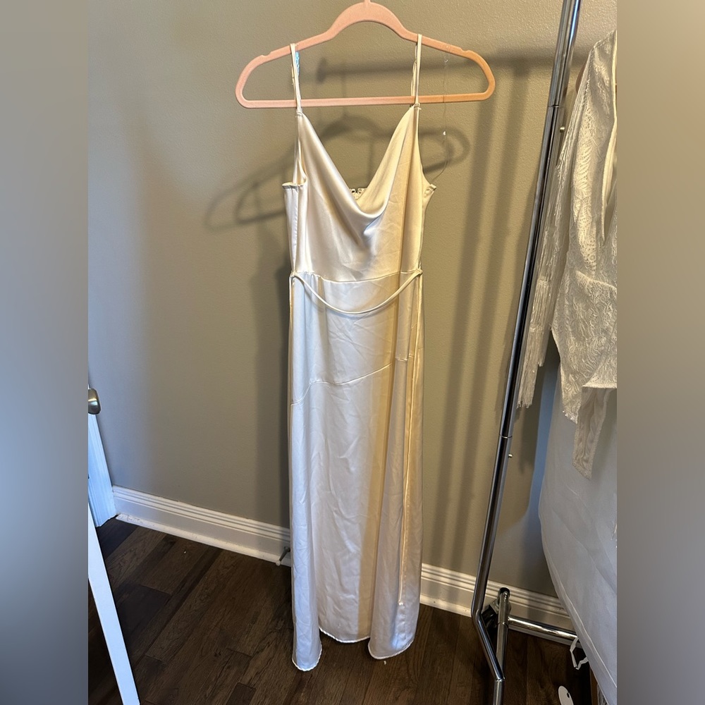 Satin ivory floor length dress with slit